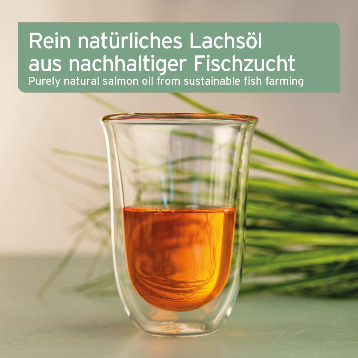 Glas mit natürlichem Lachsöl aus nachhaltiger Fischzucht