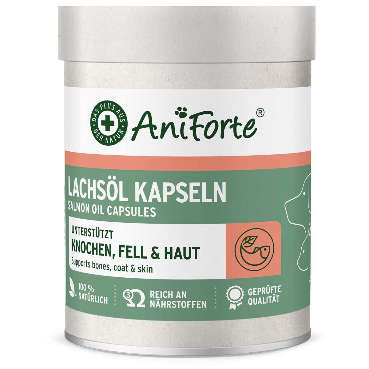 Dose AniForte® Lachsöl Kapseln für Hunde und Katzen zur Unterstützung von Knochen, Haut und Fell, reich an Omega-3-Fettsäuren.