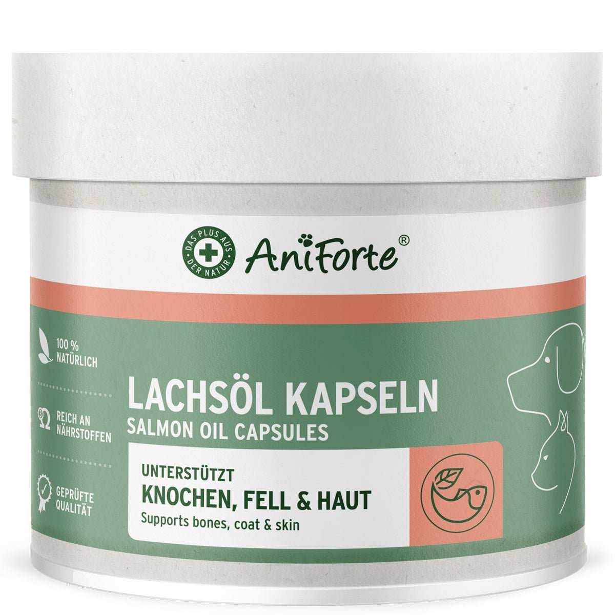 Dose AniForte Lachsöl Kapseln für Hunde und Katzen, reich an Omega-3, für starke Knochen, gesunde Haut und glänzendes Fell.