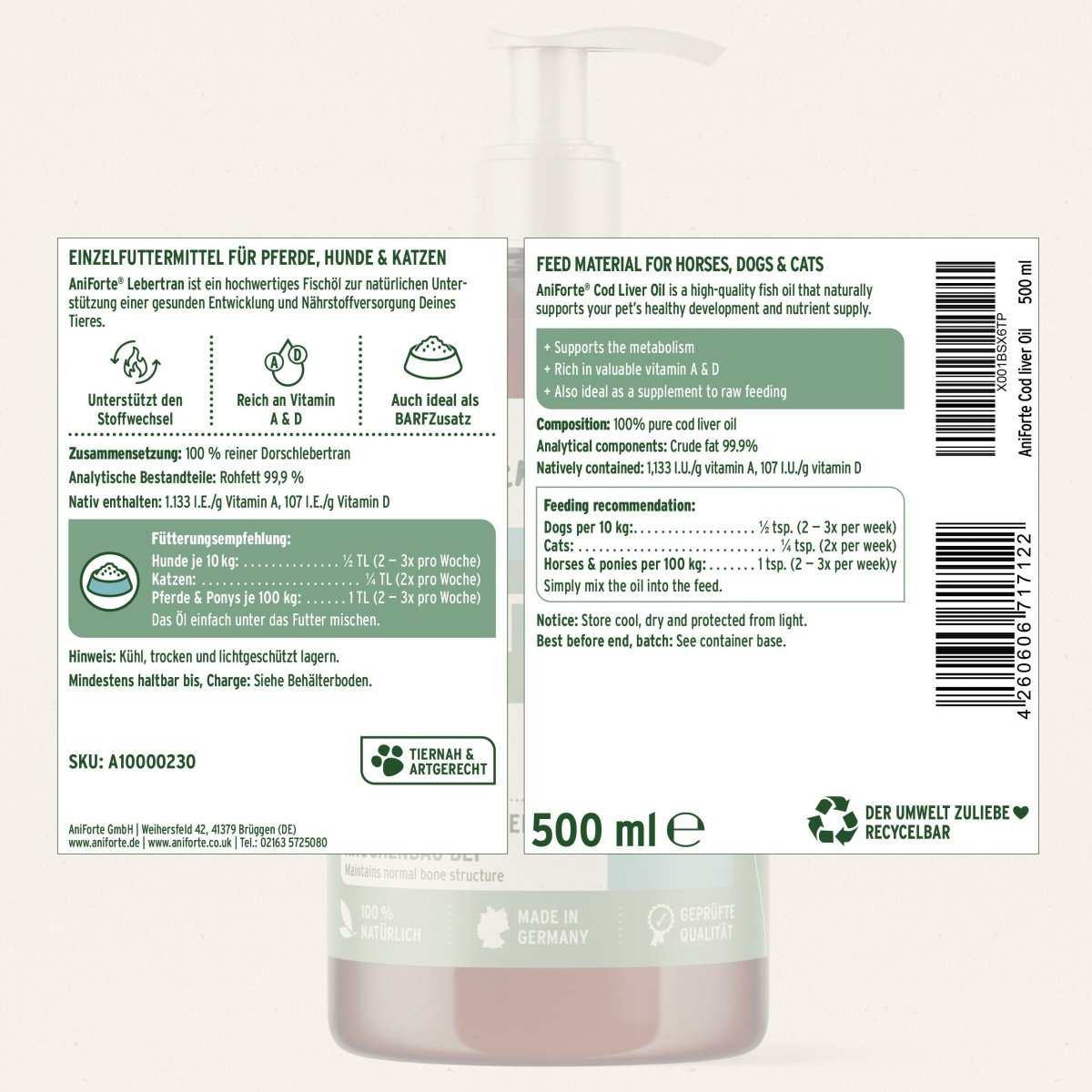 Lebertran für Hunde, Katzen und Pferde, unterstützt Immunsystem und Knochenbau, Omega-3-Fettsäuren, Vitamin D und A, AniForte.