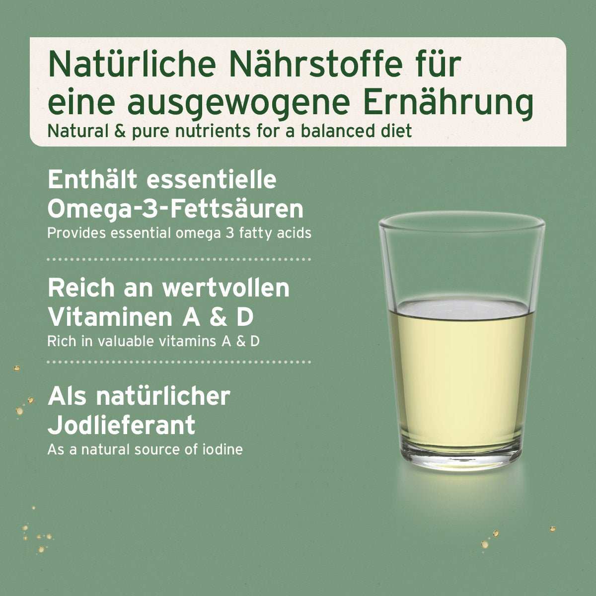 Lebertran in Glas, enthält Omega-3-Fettsäuren, Vitamine A & D, natürliche Jodquelle.