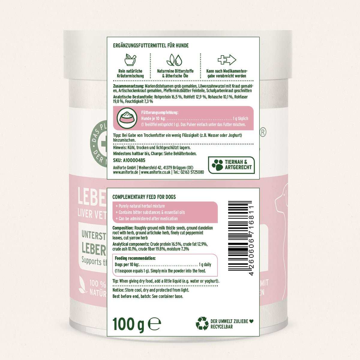Etikett Natürliche Kräutermischung AniForte LeberVetal Pulver für Hunde, unterstützt Leberfunktion, 100g.