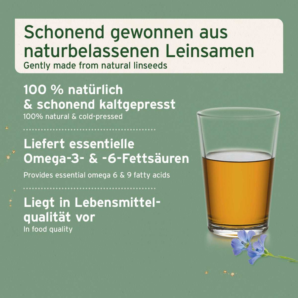 Leinöl für Tiere in Glas, 100 % natürlich und kaltgepresst, mit essentiellen Omega-Fettsäuren.