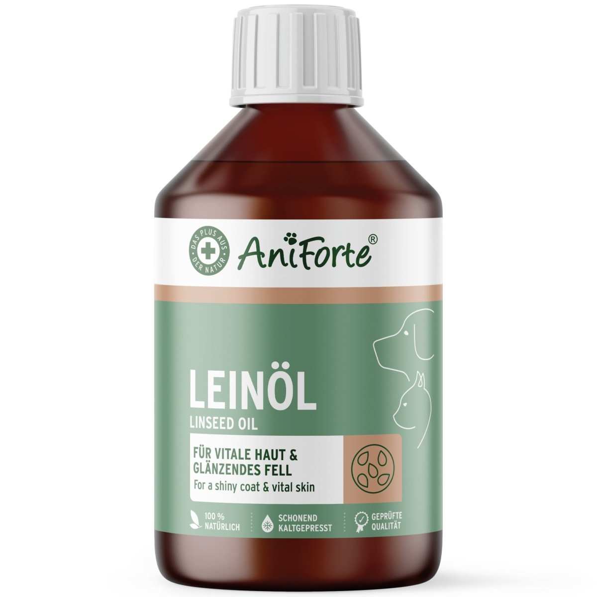 AniForte® Leinöl für Hunde, Katzen & Pferde, natives kaltgepresstes Öl, unterstützt Haut und Fell.