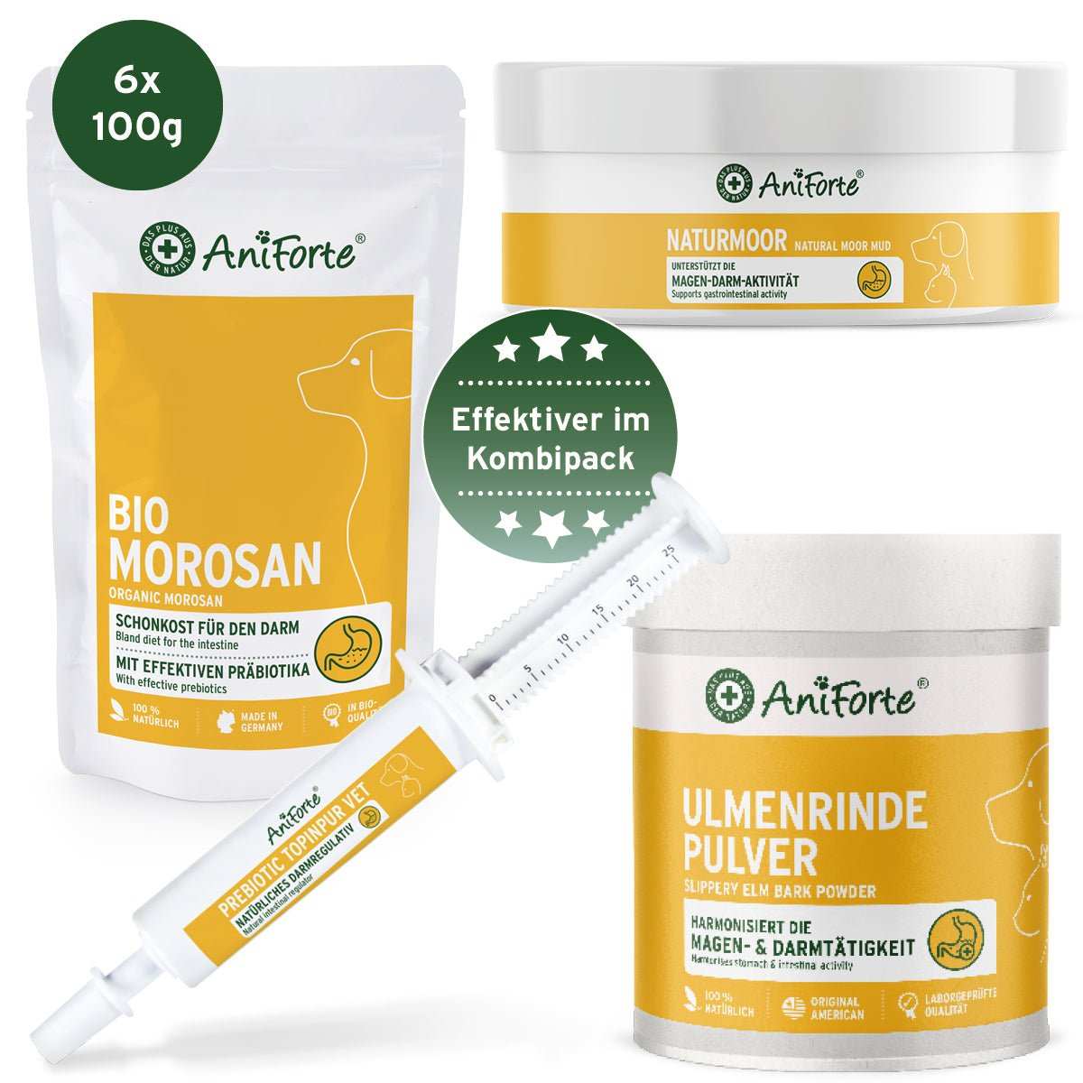 AniForte® Magen Darm Paket L for dogs, featuring Bio Morosan, Naturmoor, Ulmenrinde Pulver, and Prebiotic TopinPur VET.
