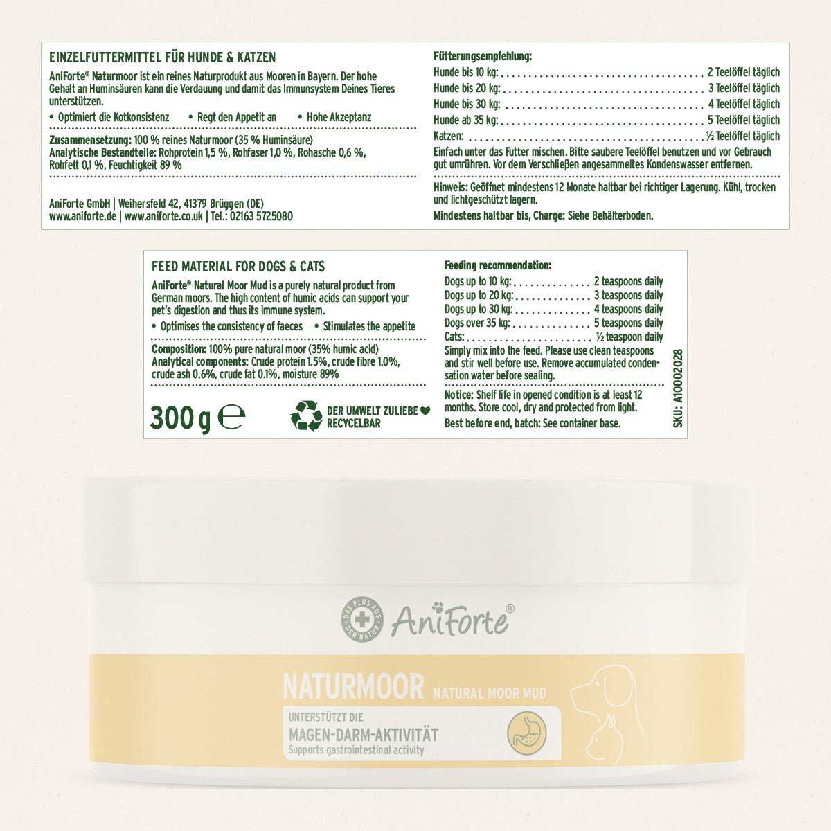 Inhaltsangabe AniForte® Magen Darm Paket M für Hunde, unterstützt Magen- und Darmgesundheit, enthält Ulmenrinde Pulver, Naturmoor und Prebiotic TopinPur VET.