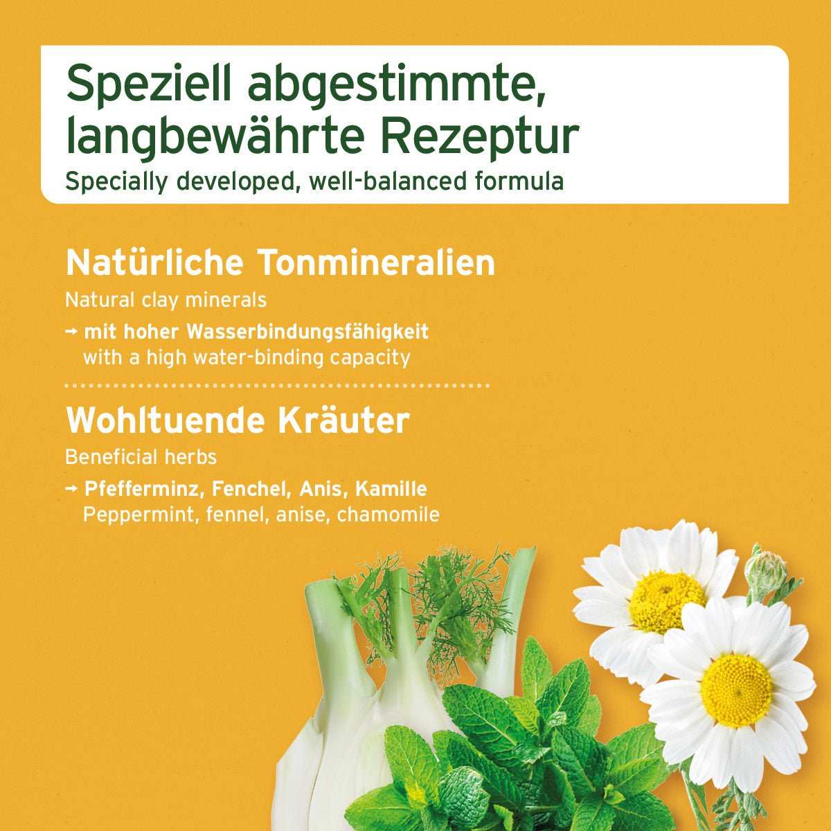MagenSanft eine speziell abgestimmte, langbewährte Rezeptur, mit natürliche Tonmineralien und Kräuter wie Pfefferminz, Fenchel, Anis & Kamille