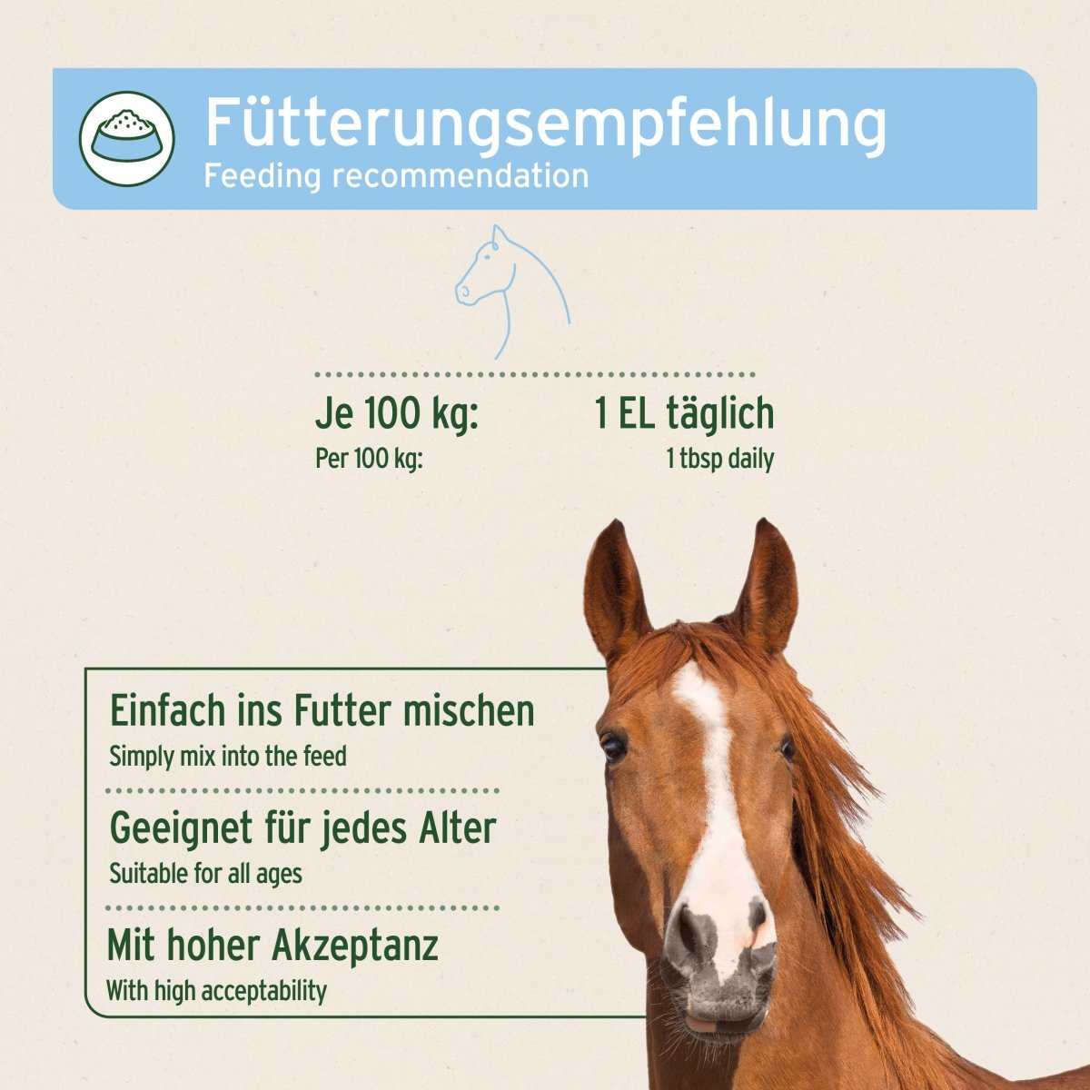 Fütterungsempfehlung mit Pferd auf hellem Hintergrund.