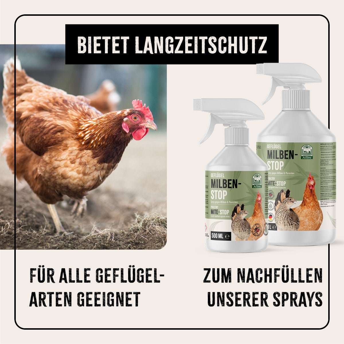 Huhn und zwei Flaschen Milben-Stop