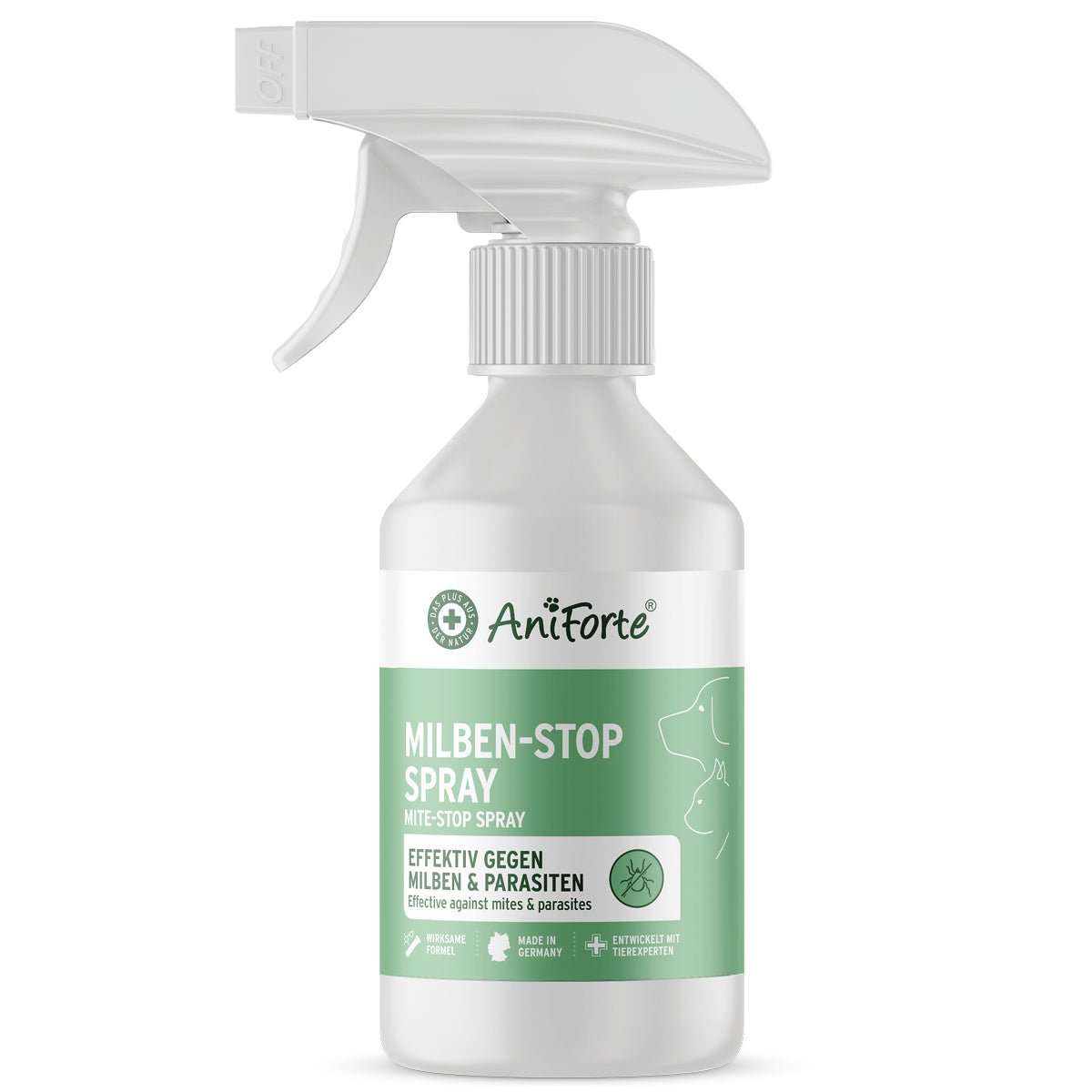 Milben-STOP Spray von AniForte – effektives Milbenspray für Tiere, basierend auf ätherischen Ölen zur Vorbeugung und Behandlung von Milben und Parasiten bei Hunden, Katzen und Pferden.