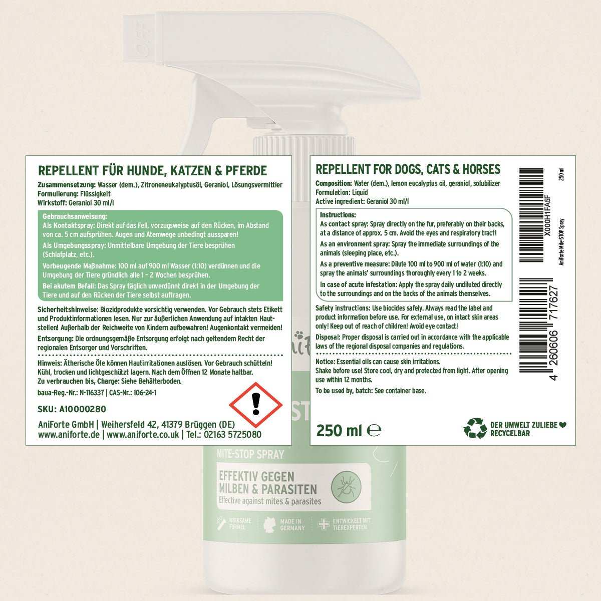 Milben-STOP Spray 250ml Flasche zur Parasitenabwehr bei Tieren, geeignet für Hunde, Katzen und Pferde.