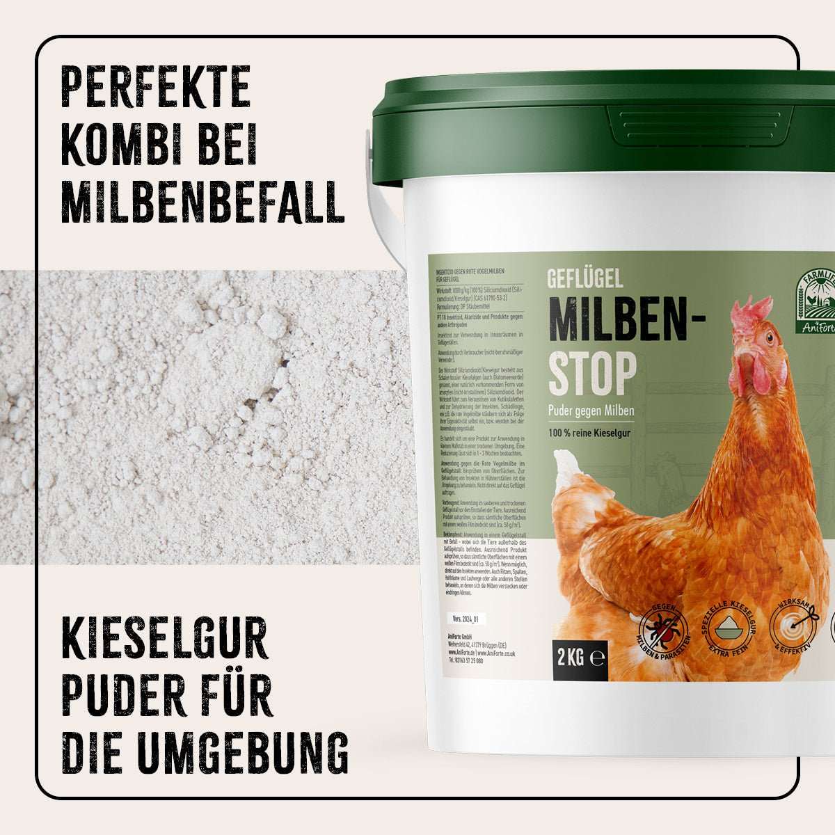 Eimer Farm Milben - STOP Spray für Hühner - mit Informationstext.