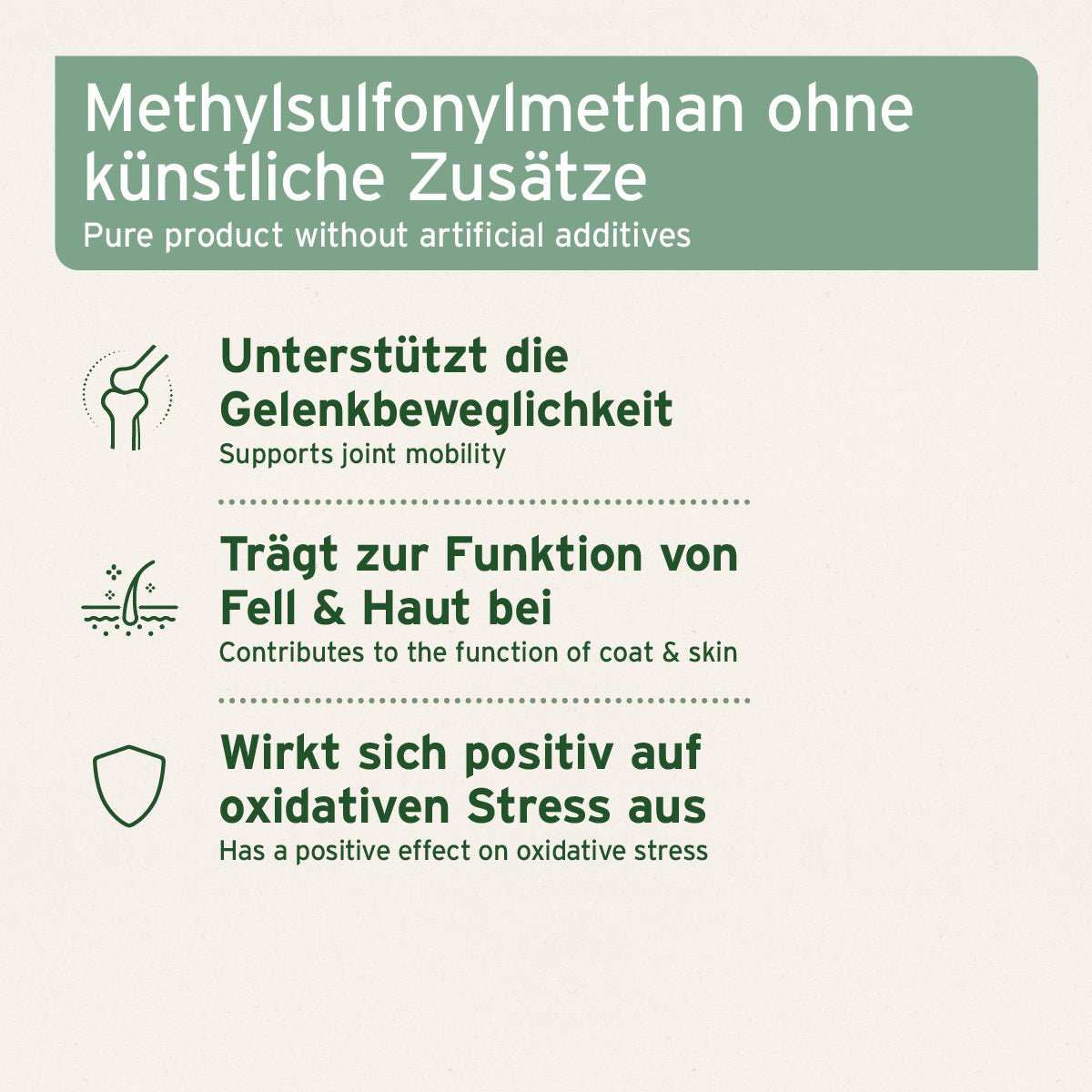 Piktogramm unterstützt Gelenkbeweglichkeit, fördert Fell- und Hautfunktion, wirkt positiv auf oxidativen Stress.