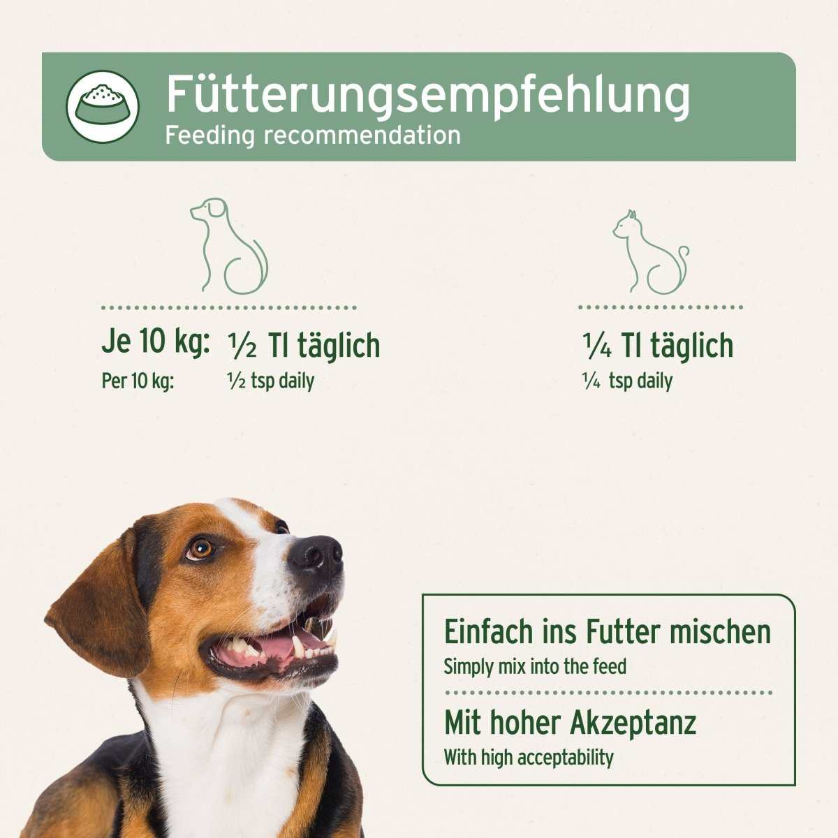 Fütterungsempfehlung für AniForte® Nachtkerzenöl für Hunde und Katzen mit hoher Akzeptanz.