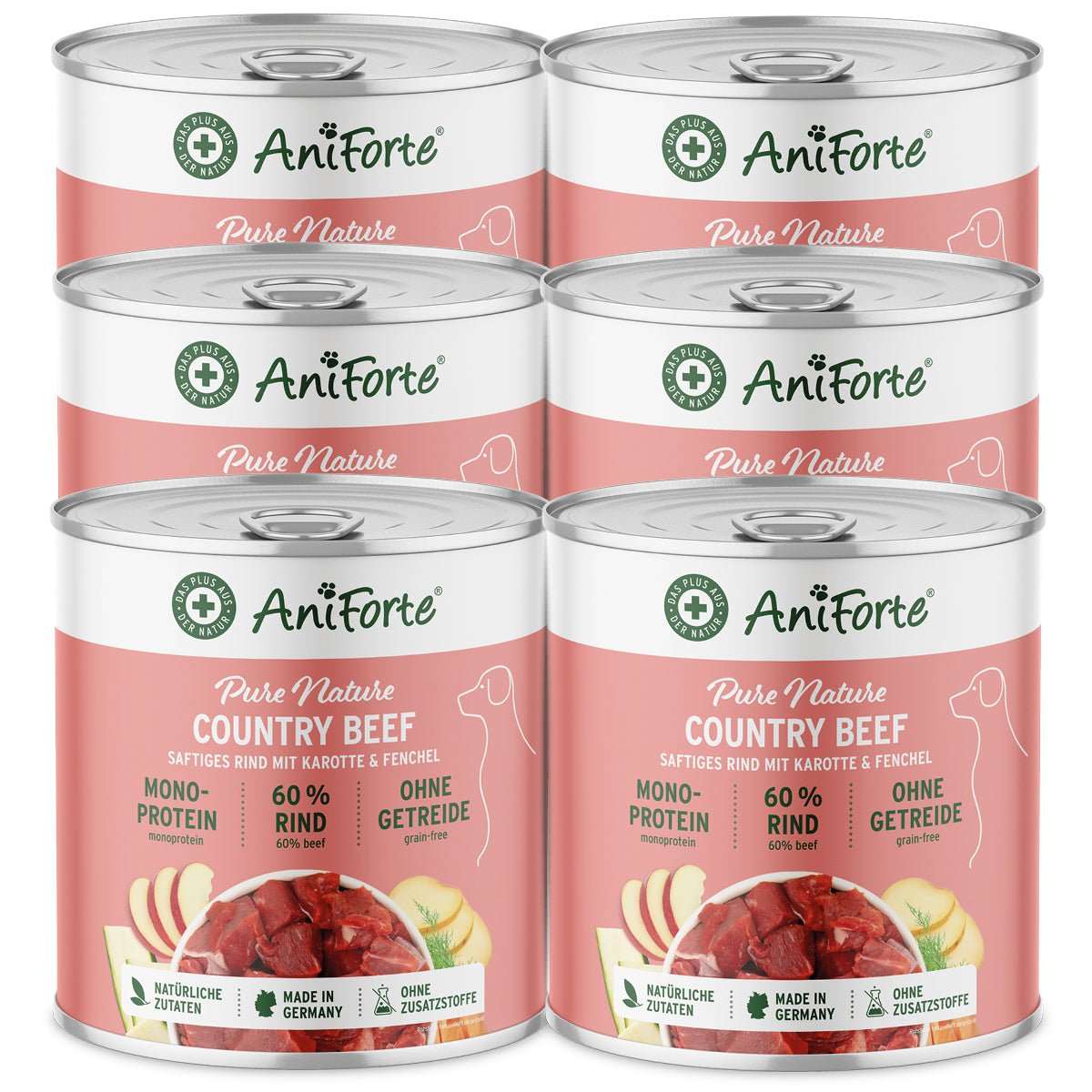 AniForte PureNature CountryBeef Nassfutter, 6 Dosen, 100% Rind mit Karotte, getreidefrei, ohne künstliche Zusätze.