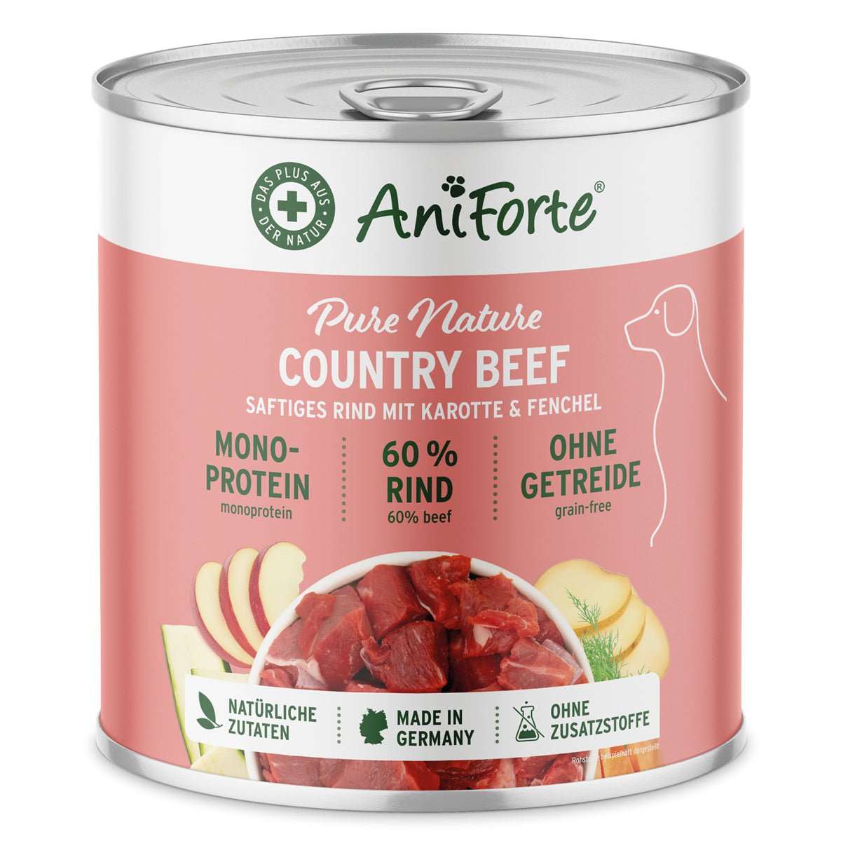 Dose AniForte Pure Nature Nassfutter Country Beef mit Rind, Karotte und Fenchel in Dose, getreidefrei, Monoprotein.