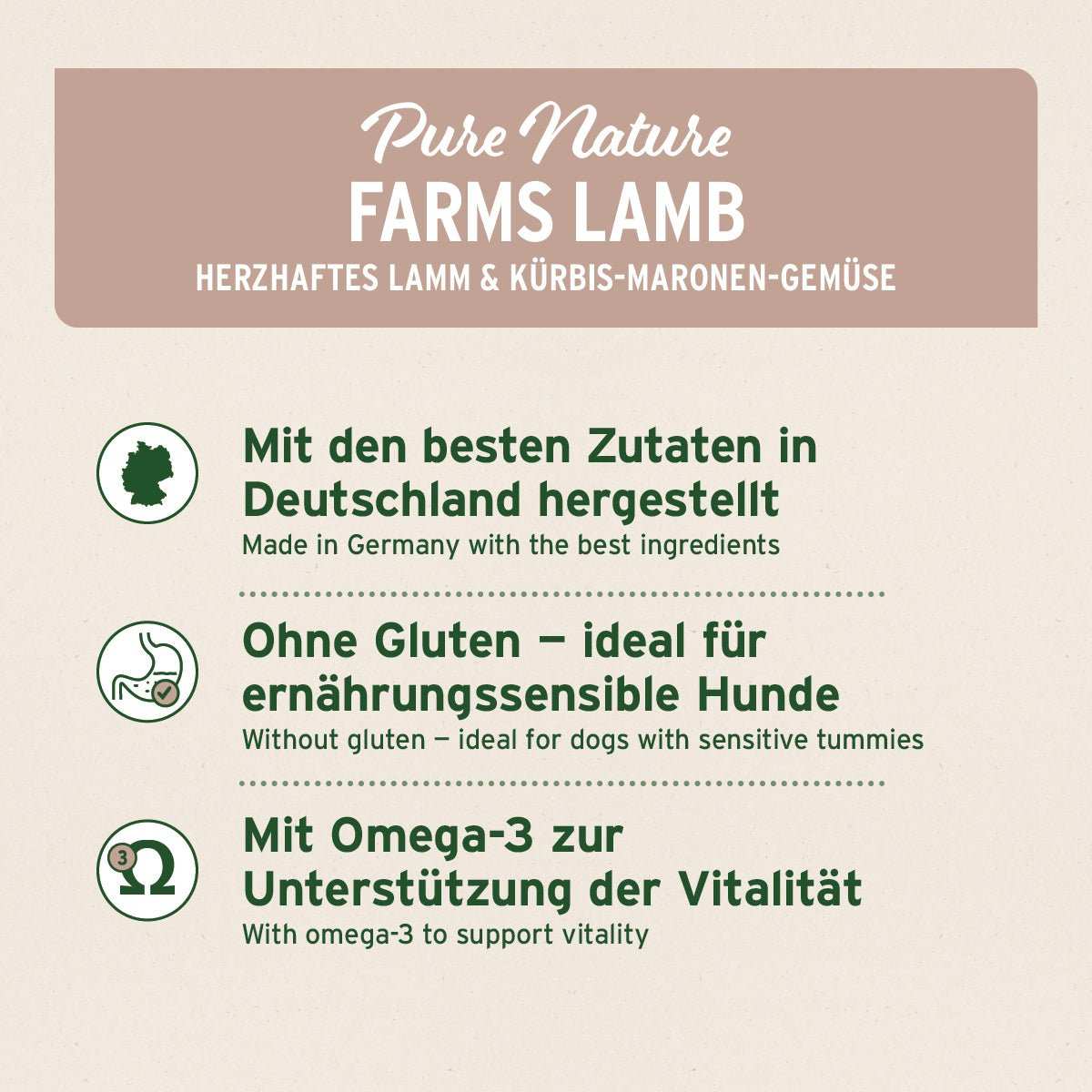 Informationsgrafik Nassfutter FarmsLamb – "Lamm mit Kürbis".
