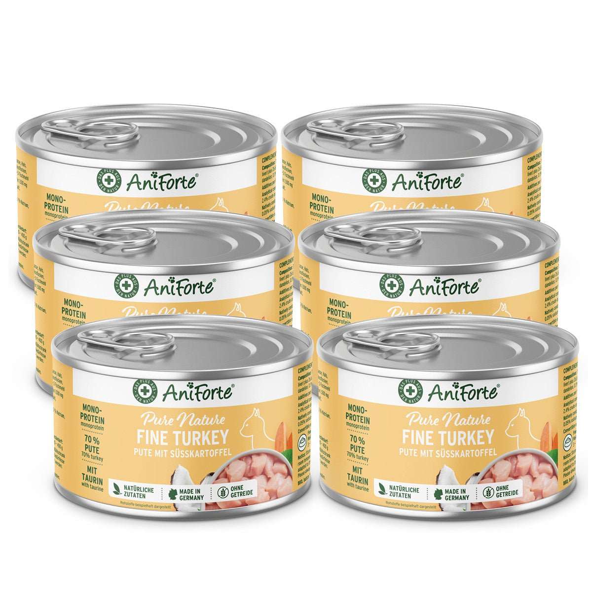 Dosen AniForte® Nassfutter Fine Turkey für Katzen, Pute mit Süßkartoffel, getreidefrei. 6 kleine Dosen.