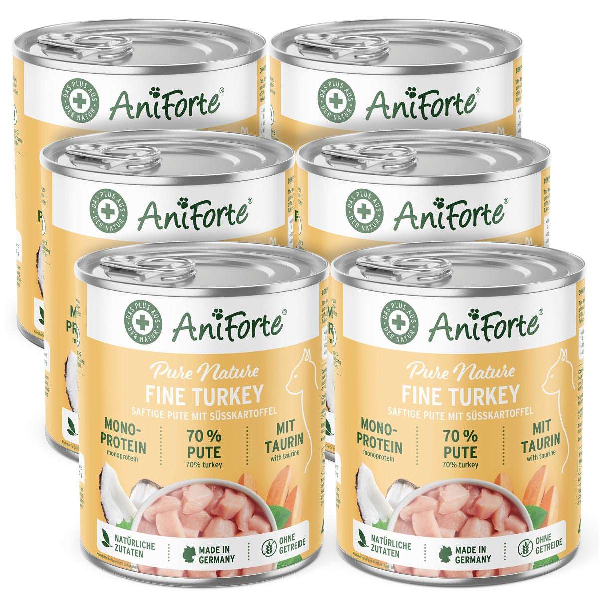 AniForte Nassfutter Fine Turkey mit Pute und Süßkartoffel, 6er Pack, Premium Katzenfutter, getreidefrei. Bild von 6 Dosen.
