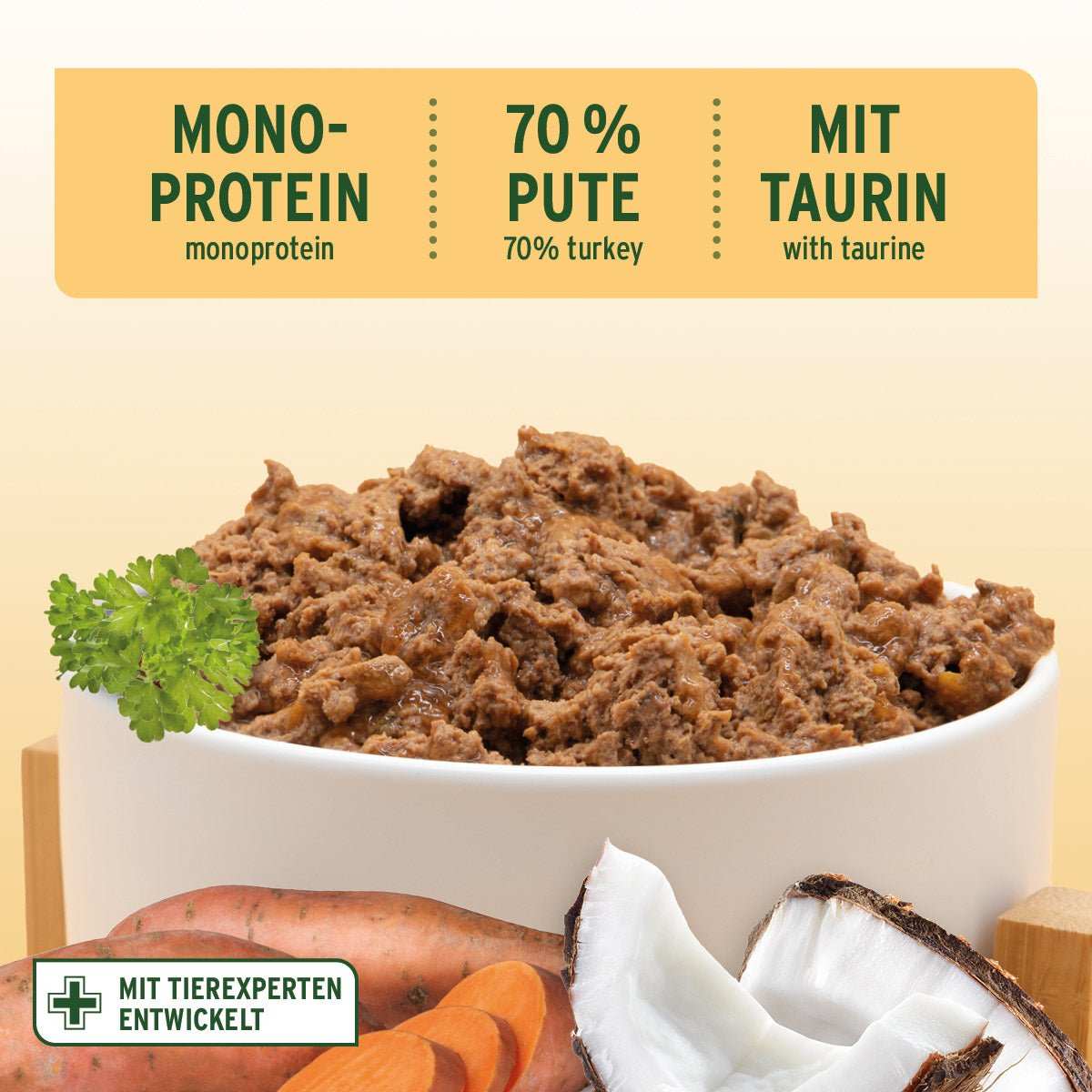 Nassfutter Fine Turkey – Saftige Pute mit Süßkartoffel - AniForte
Bild von Schüssel mit Futter.