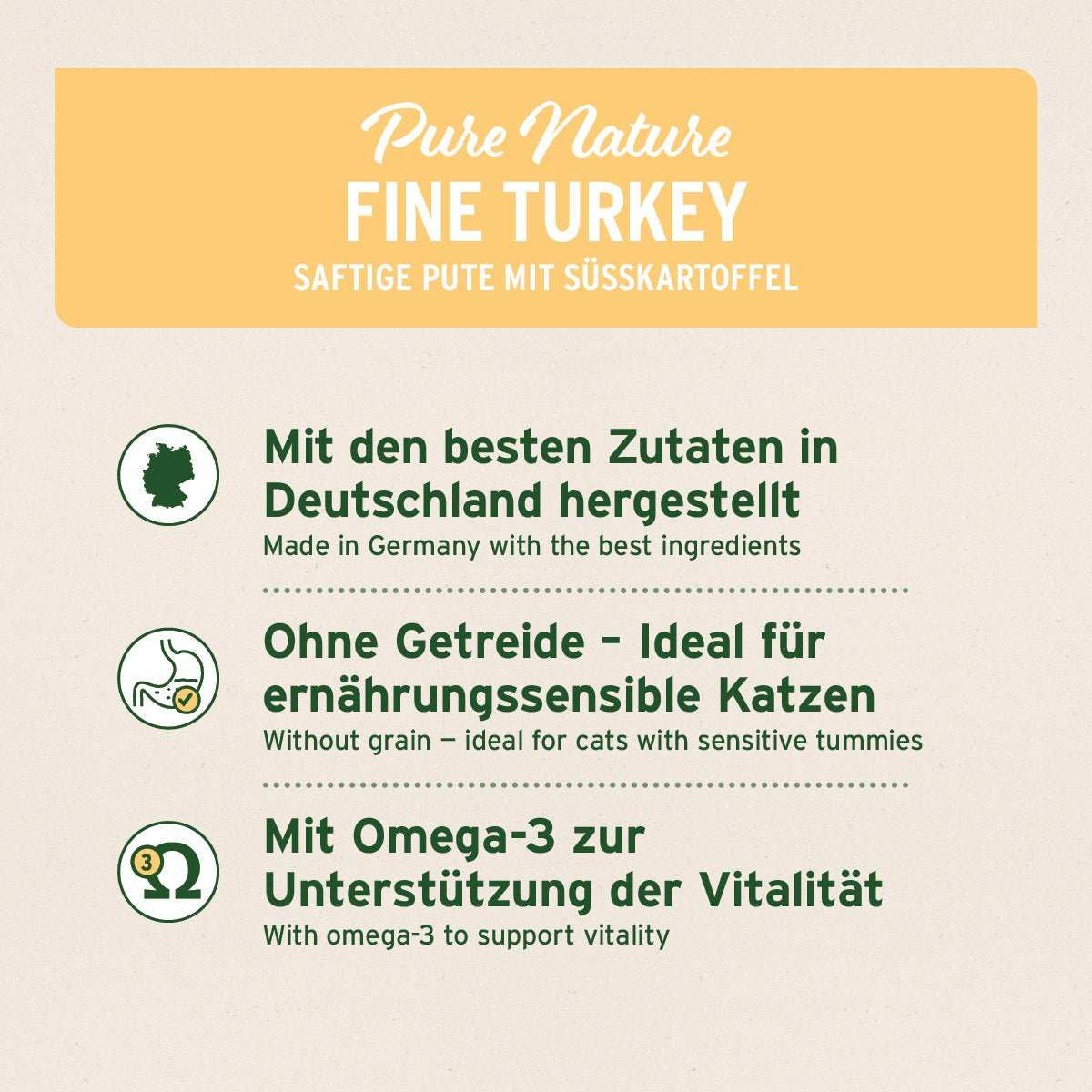 'Nassfutter Fine Turkey – Hochwertiges getreidefreies Katzenfutter mit Pute und Süßkartoffel, Omega-3 zur Vitalitätsunterstützung, ideal für ernährungssensible Katzen.'