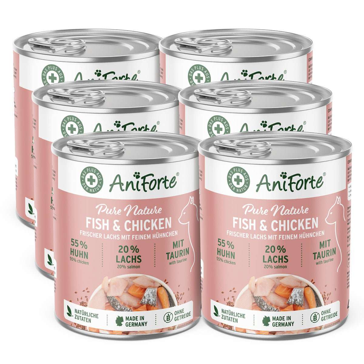 Nassfutter Fish & Chicken – Frischer Lachs mit feinem Hühnchen, AniForte® Pure Nature, getreidefrei, glutenfrei, Katzenfutter, Omega-3, hochwertige Proteine.