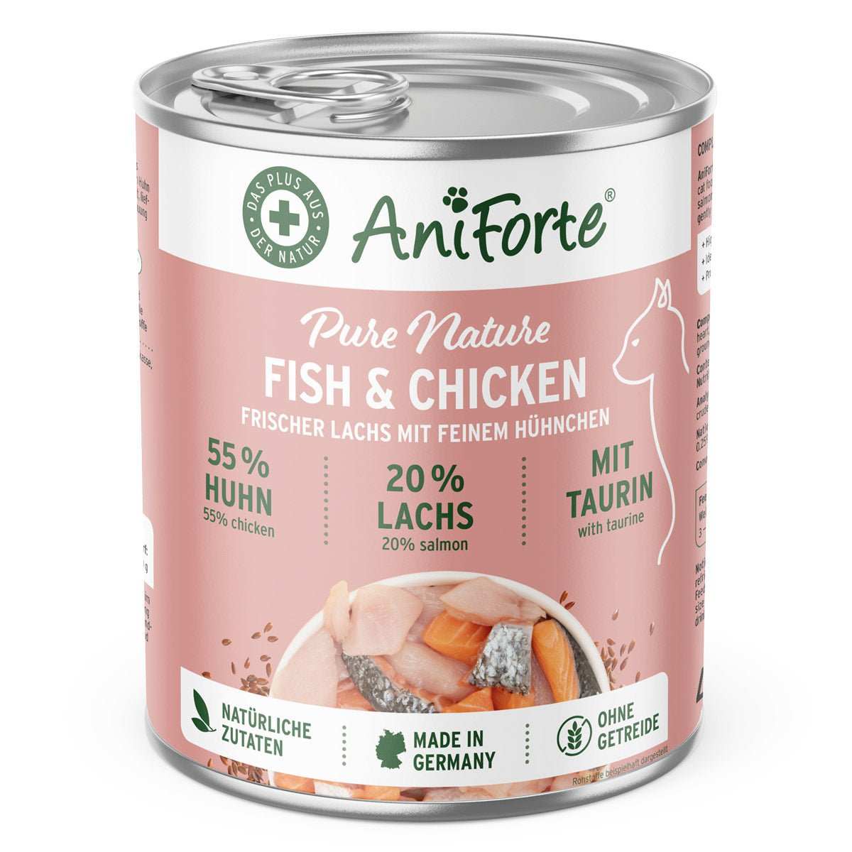 Nassfutter für Katzen mit Lachs und Huhn, getreidefrei, AniForte PureNature.