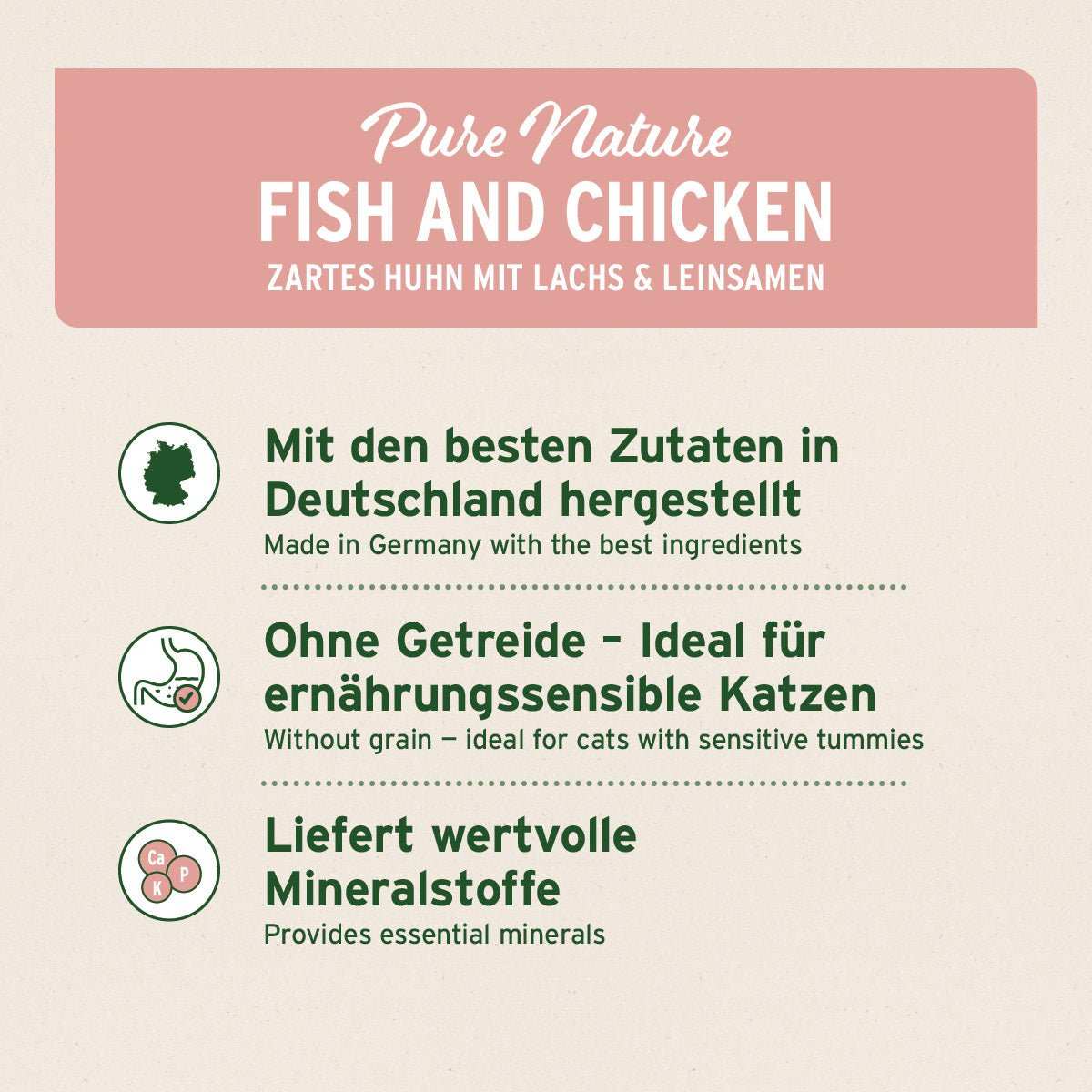 Nassfutter Fish & Chicken für Katzen, frischer Lachs mit Hühnchen, getreidefrei, reich an Omega-3, hergestellt in Deutschland.