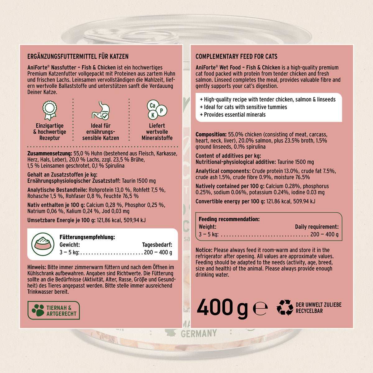 `AniForte Nassfutter Fish & Chicken – Frischer Lachs mit feinem Hühnchen, getreidefrei, ideal für ernährungssensible Katzen, Omega-3-reich.`