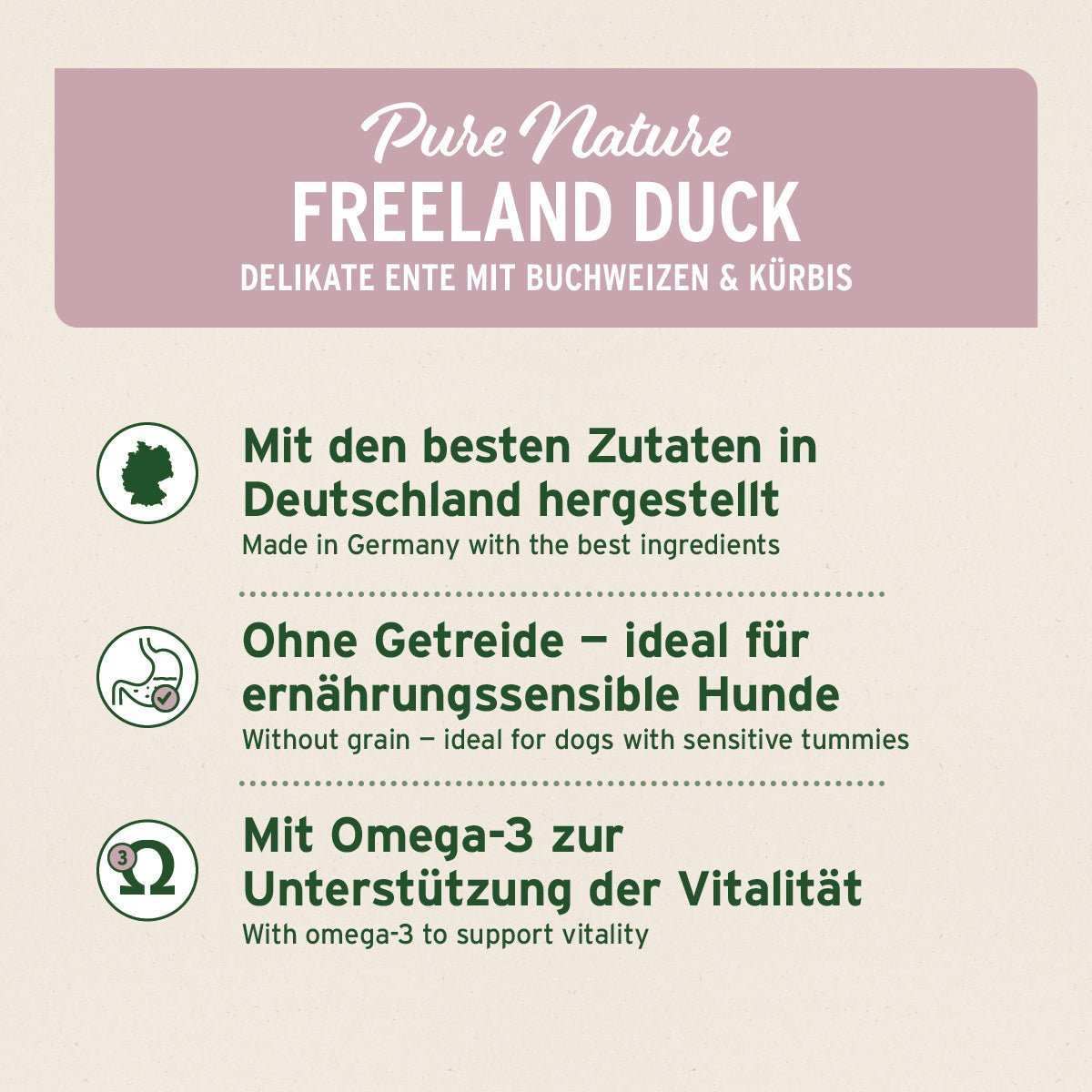 Grafik Vorteile Nassfutter Freeland Duck mit Ente, Buchweizen, Kürbis und Aprikose, getreidefrei und reich an Omega-3 für Hunde.