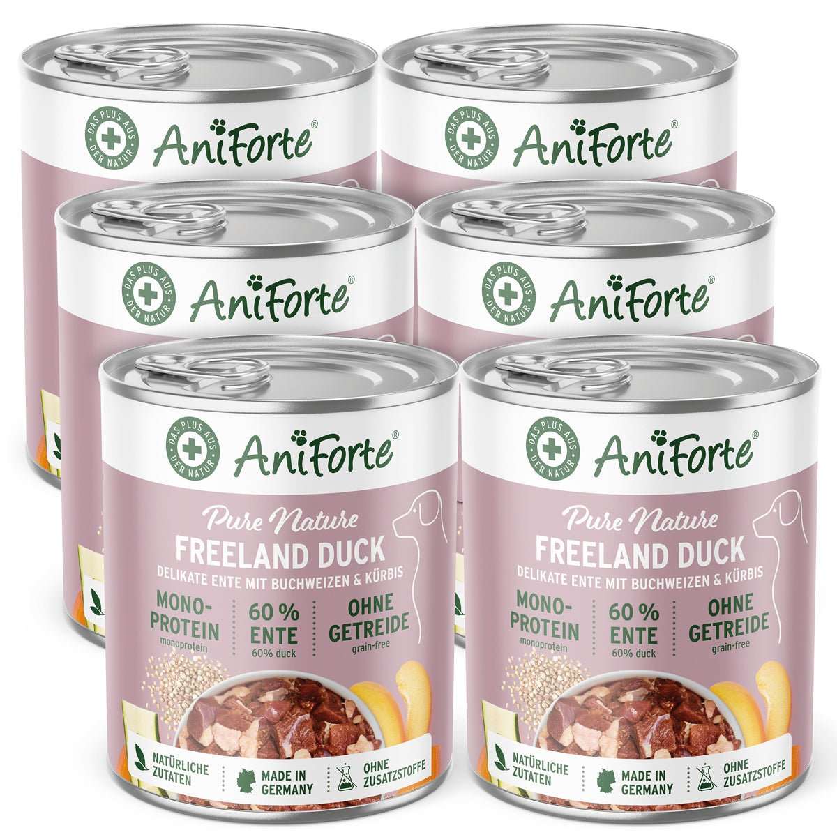 AniForte Pure Nature Freeland Duck dog food cans, featuring duck, buckwheat, pumpkin, and apricot, grain-free and rich in Omega-3.