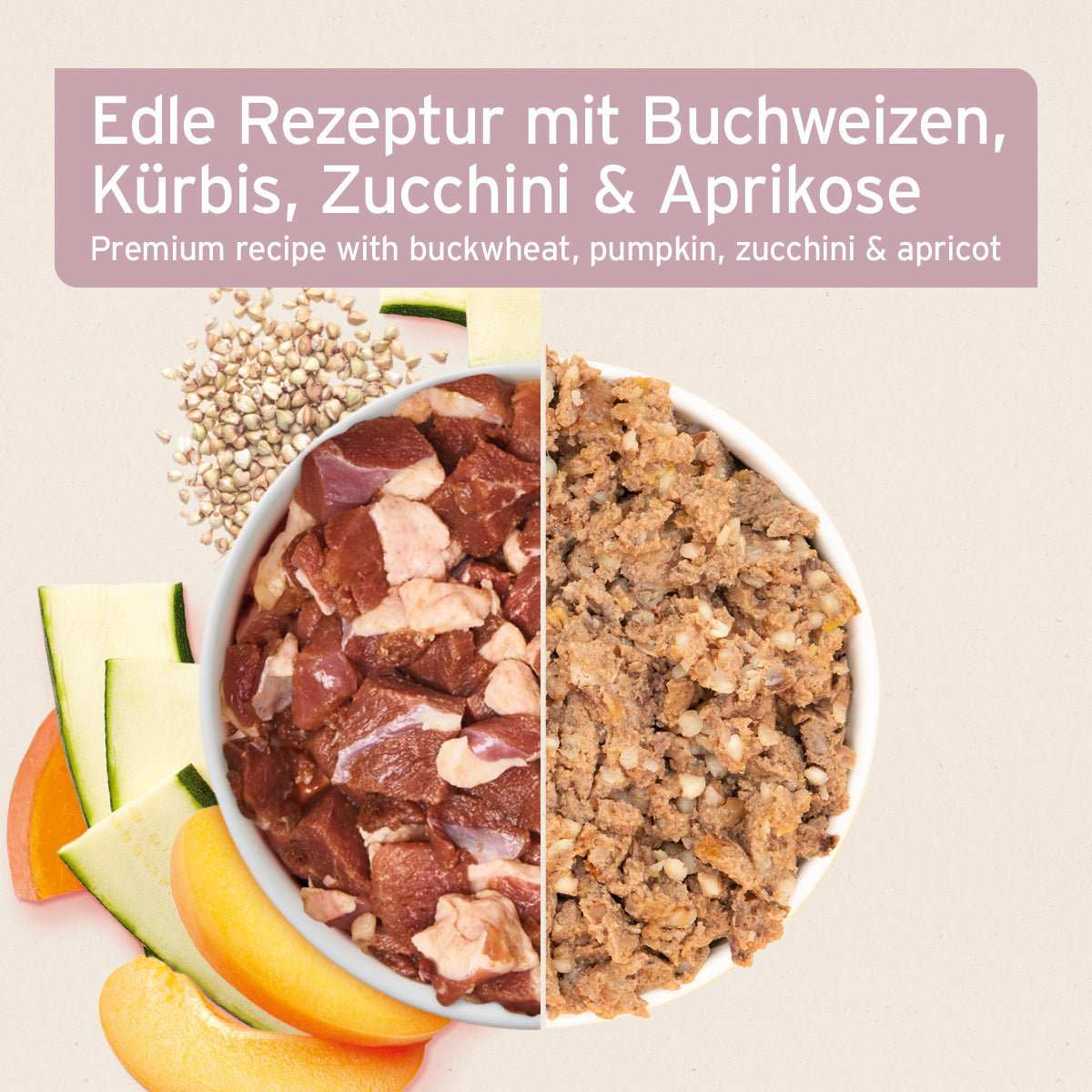 Hochwertiges Nassfutter für Hunde mit Entenfleisch, Buchweizen, Kürbis, Zucchini und Aprikose, getreidefrei und reich an Omega-3.