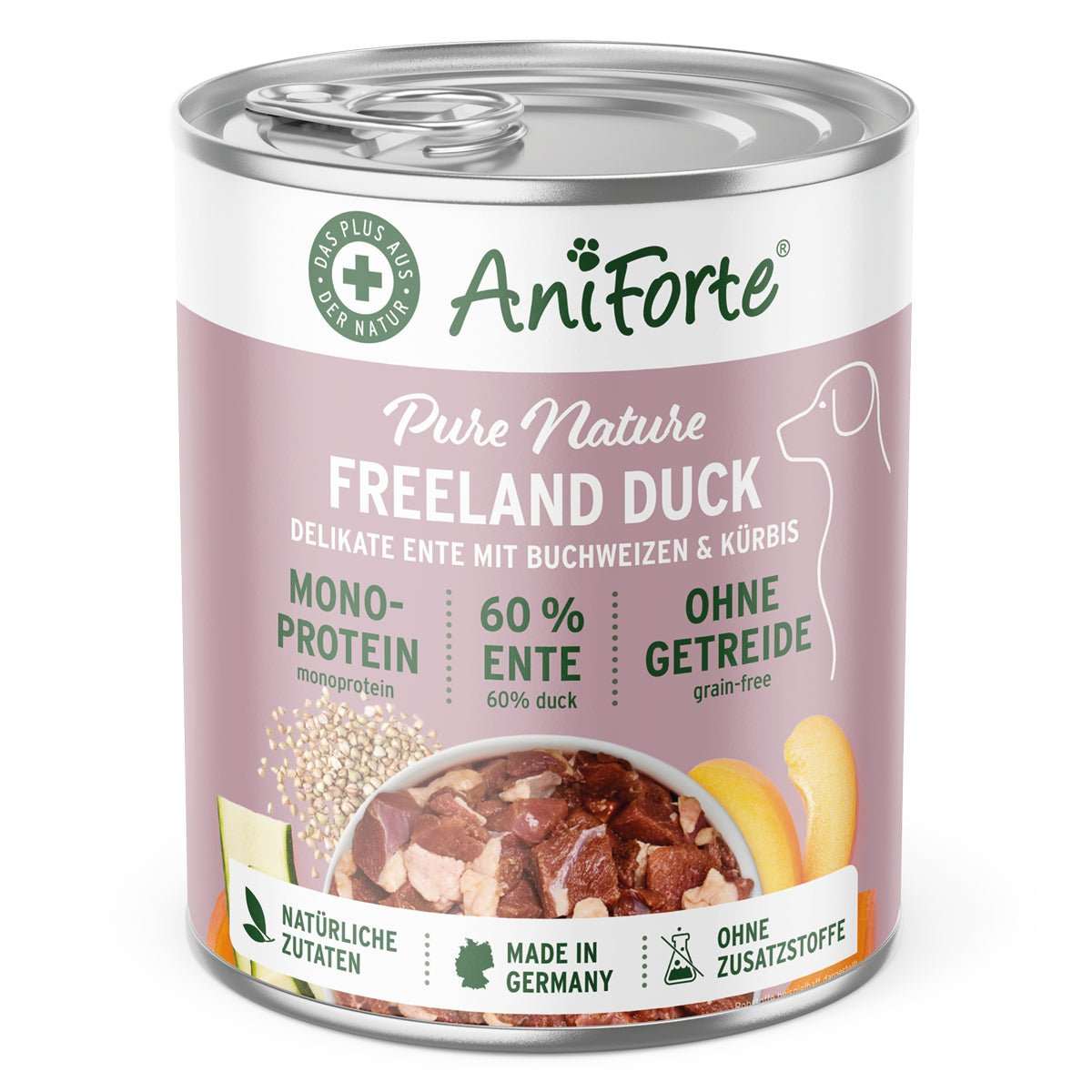 Nassfutter Freeland Duck von AniForte, Ente mit Buchweizen, Kürbis, Zucchini und Aprikose, getreidefrei, für futtersensible Hunde, 60% Entenfleisch.