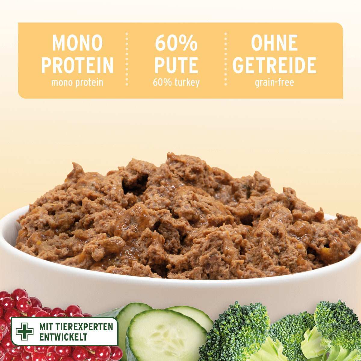 Nassfutter GreenfieldTurkey mit 60% Pute, Quinoa, getreidefrei, Monoprotein für Hunde.