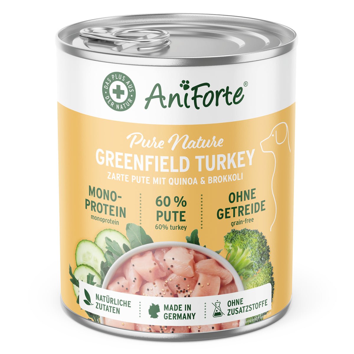 AniForte GreenfieldTurkey Nassfutter mit zarter Pute, Quinoa und Brokkoli, getreidefrei und ohne Zusatzstoffe, hochwertige Hundeernährung made in Germany