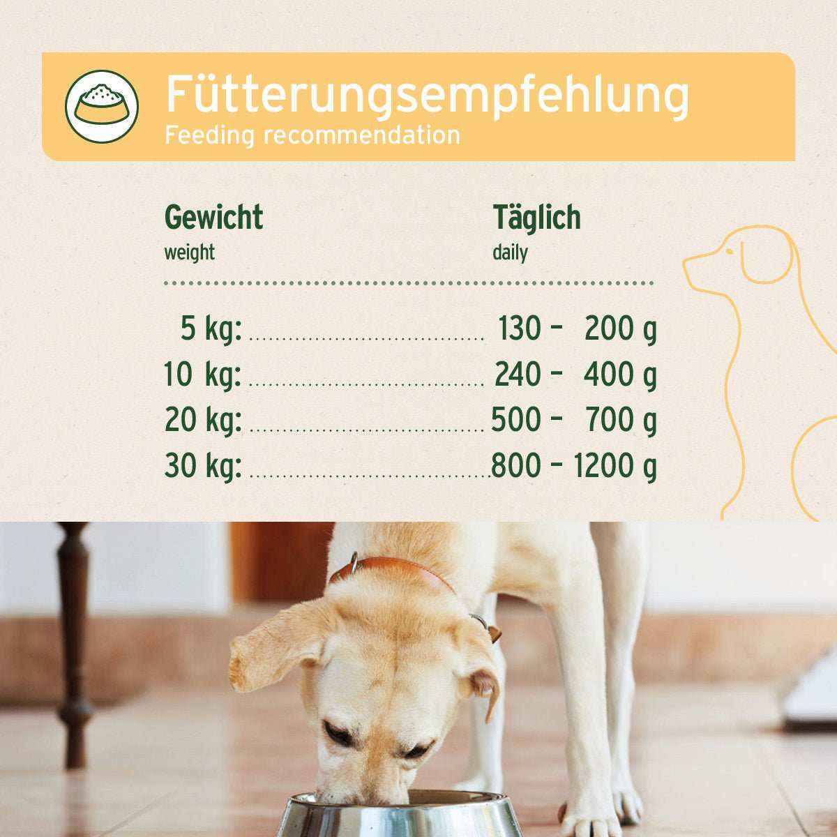 Fütterungsempfehlung für AniForte® Pure Nature Greenfield Turkey Nassfutter, ideal für Hunde mit 30 kg Gewicht, tägliche