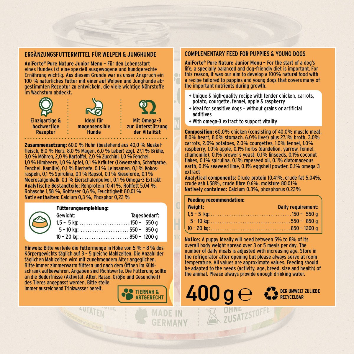 Nassfutter JuniorMenue Huhn mit Möhren – natürliches, getreidefreies Welpenfutter aus Deutschland