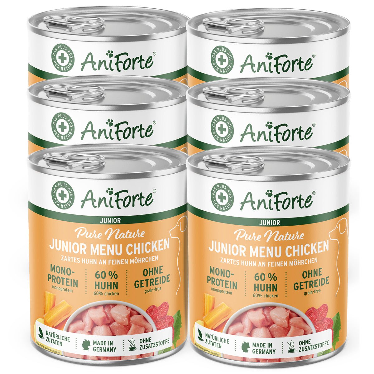 Nassfutter JuniorMenu mit zartem Huhn und Möhren für Welpen, getreidefrei und glutenfrei, hochwertiges Hundefutter aus Deutschland