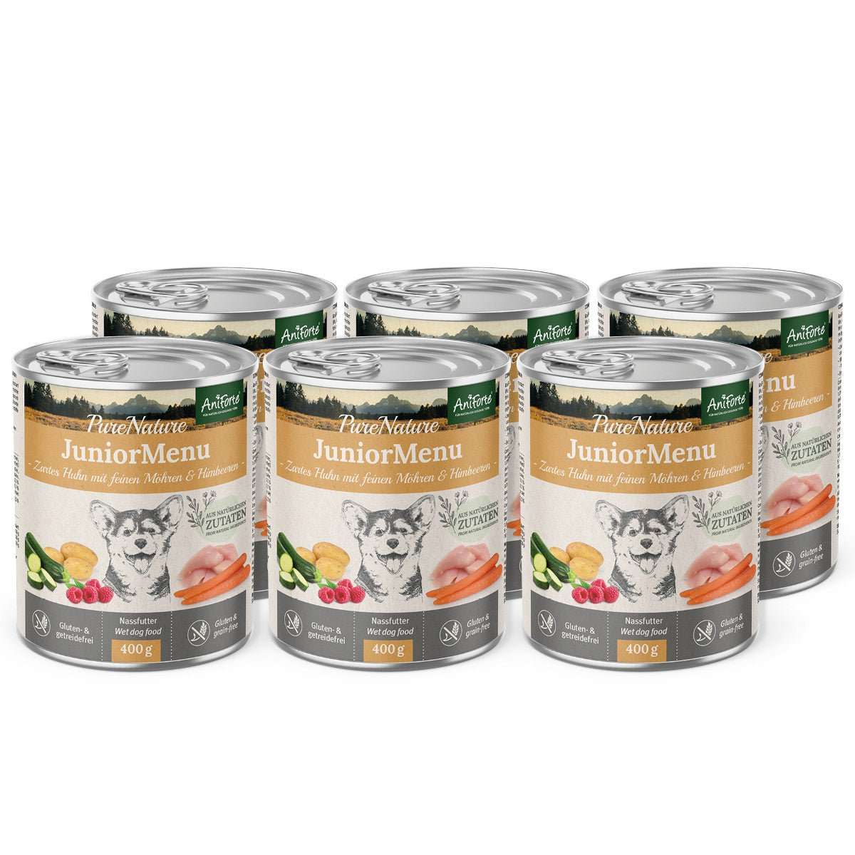 AniForte Nassfutter JuniorMenu "Zartes Huhn mit Möhrchen", 6 Dosen, getreidefrei, hochwertig, für Welpen.