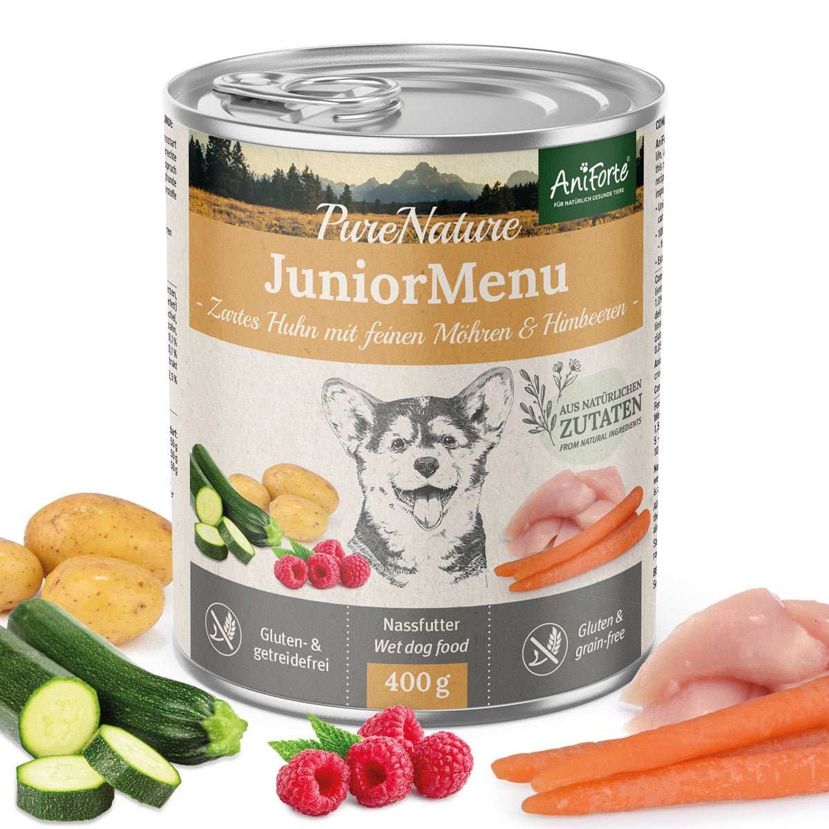 Nassfutter JuniorMenu mit Huhn und Möhren, glutenfrei, für Welpen und Junghunde, hochwertige natürliche Zutaten, 400g Dose.