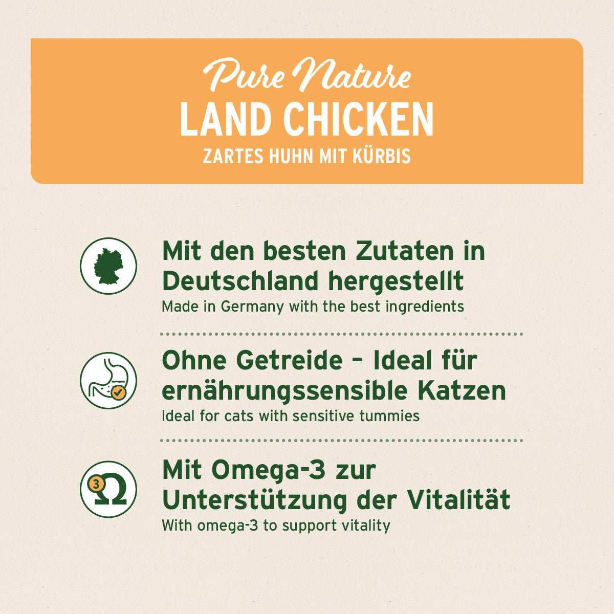 Informationen zum PureNature Land Chicken – Hochwertiges Nassfutter für Katzen mit zartem Huhn und Kürbis.