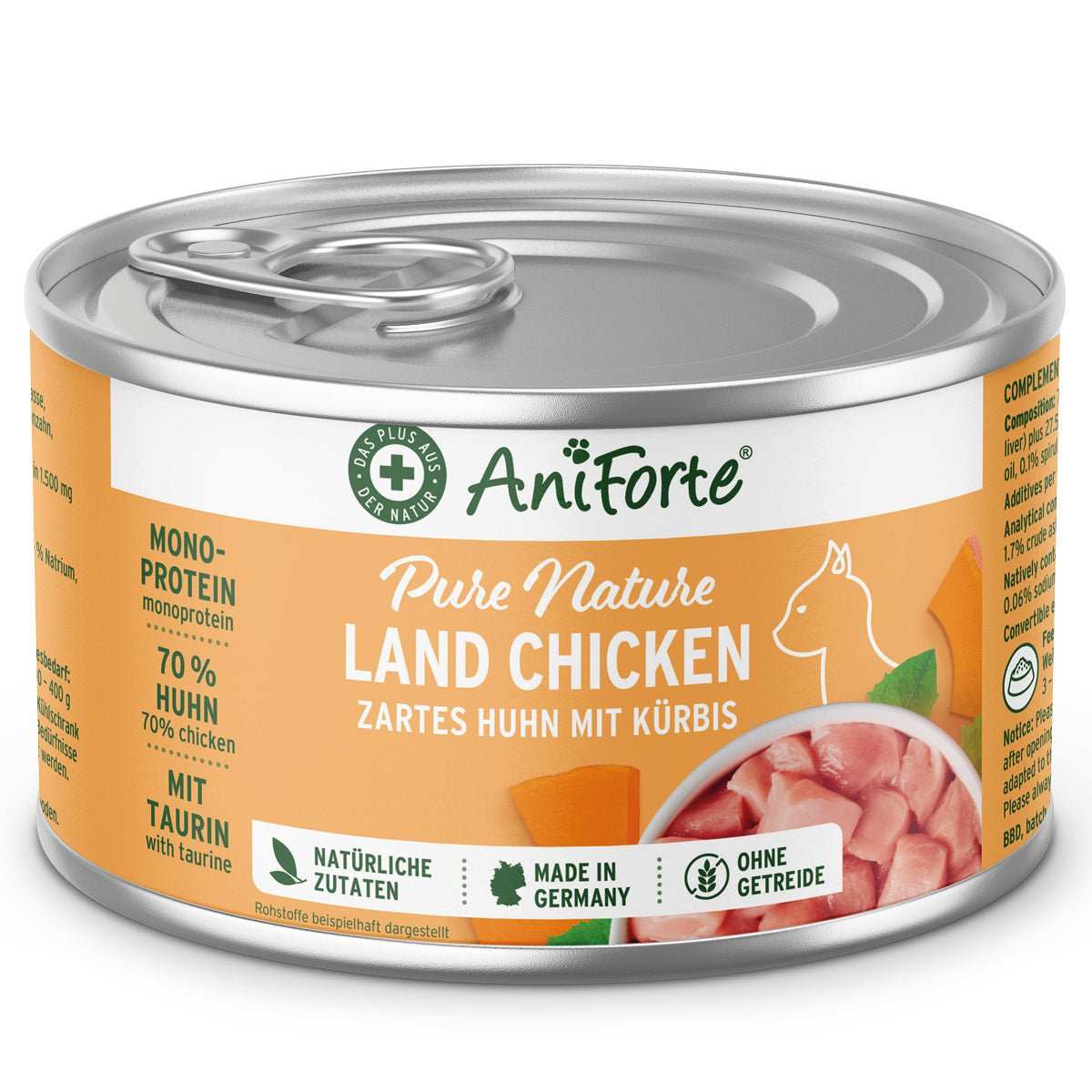 Nassfutter Land Chicken für Katzen, getreidefrei, Huhn mit Kürbis, 70 % Hühneranteil, AniForte.