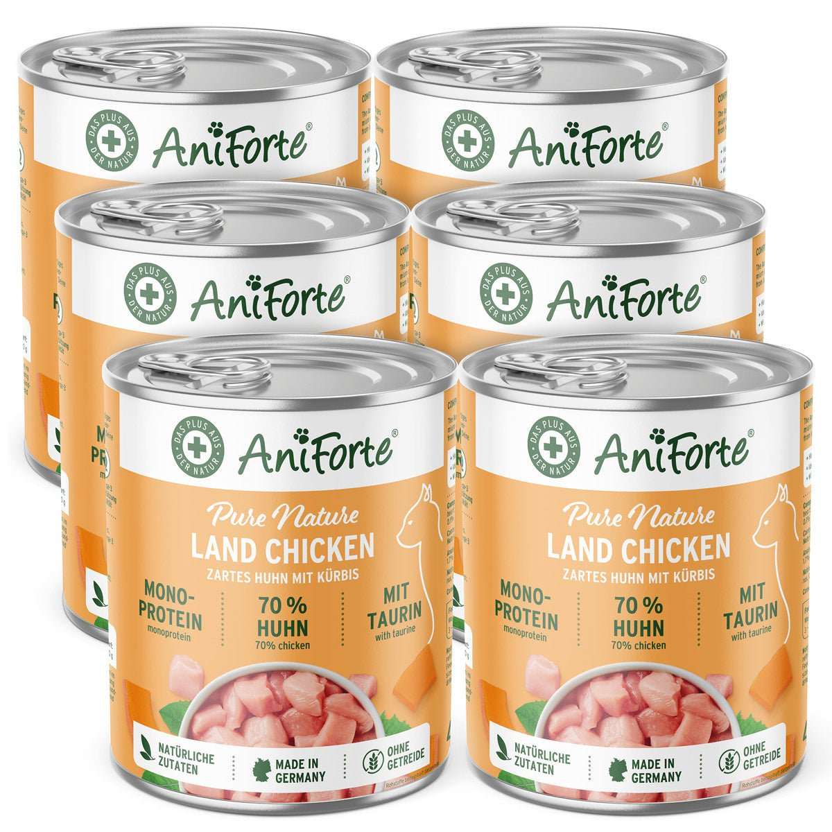 6 Dosen Nassfutter Land Chicken für Katzen, zartes Huhn mit Kürbis, getreidefrei, Omega-3, Premiumqualität, AniForte.