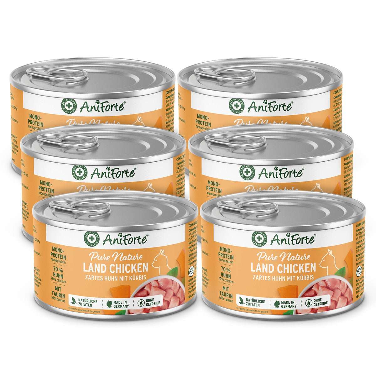 6 Dosen AniForte Pure Nature Nassfutter Land Chicken – Premium Katzenfutter mit zartem Huhn und Kürbis, getreidefrei und reich an Omega-3. Ideal für ernährungssensible Katzen.