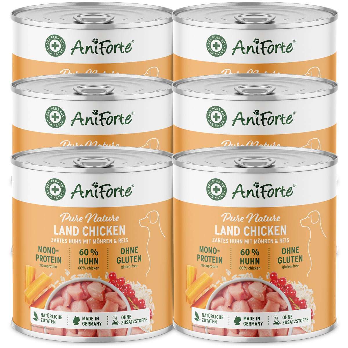 AniForte® PureNature LandChicken Nassfutter für Hunde mit Huhn, Möhren, Reis und Chicorée, glutenfrei, 6 Dosen.