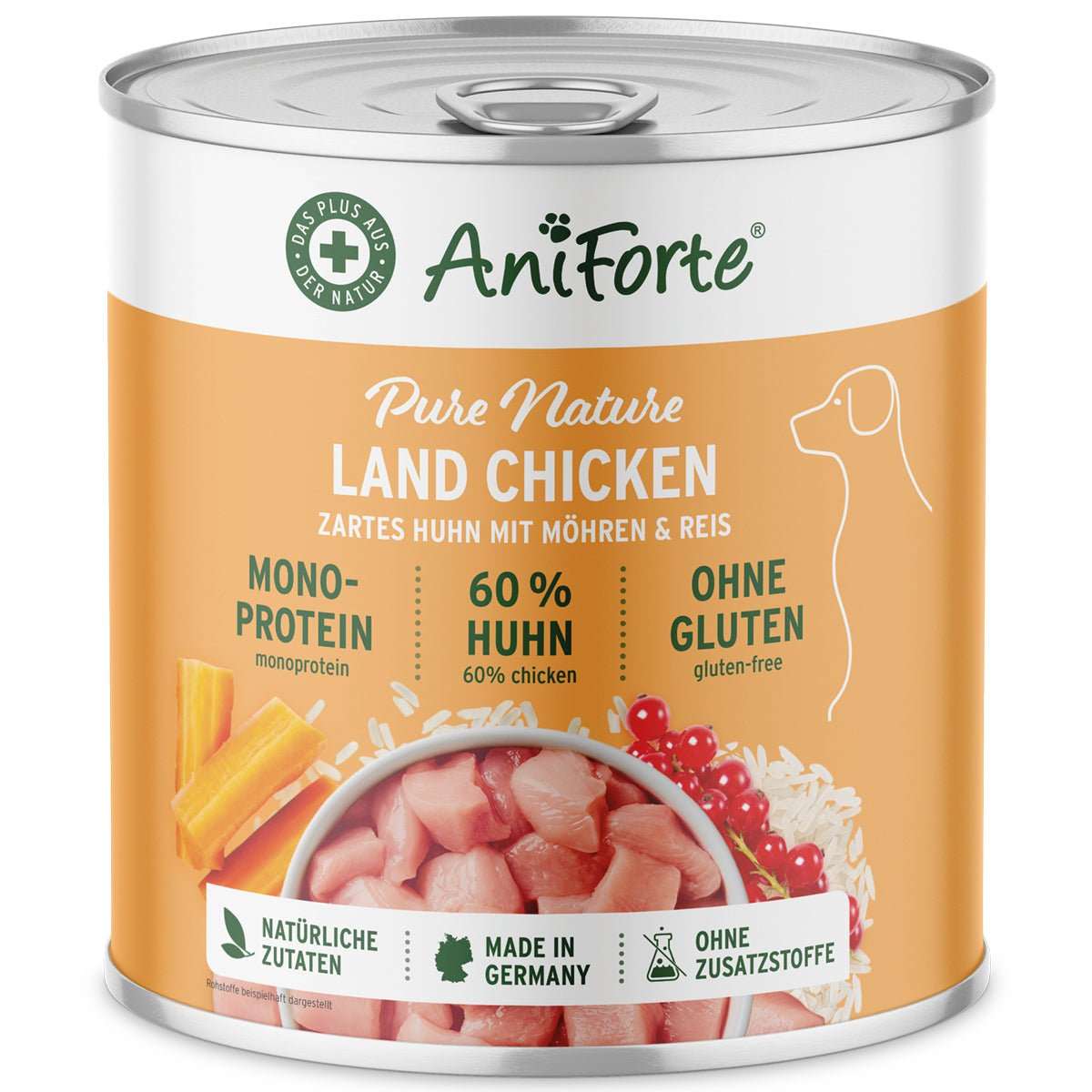 AniForte PureNature Nassfutter für Hunde mit Huhn und Möhren, glutenfrei, natürliche Zutaten, Omega-3-reich.
