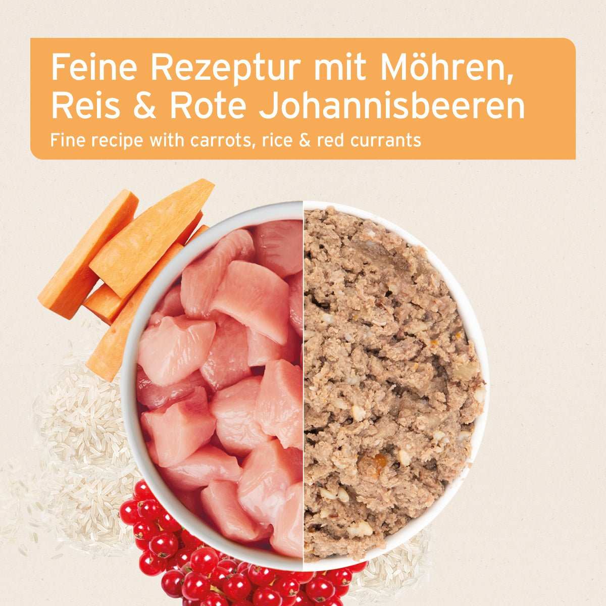 Hochwertiges Hundefutter "Huhn mit Möhren", glutenfrei, mit Reis, Chicorée und Johannisbeeren.