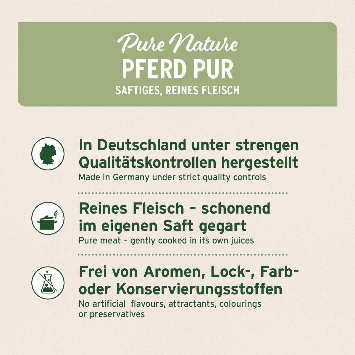 Infografik zu Nassfutter "Pferd Pur" für Hunde, reines Pferdefleisch, getreidefrei, glutenfrei, in Deutschland hergestellt, ohne künstliche Zusatzstoffe.