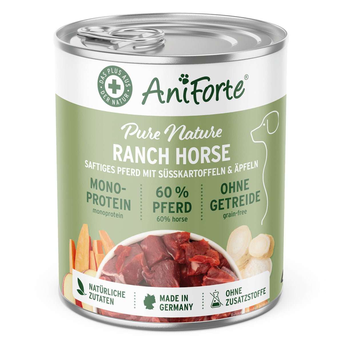 Nassfutter für Hunde mit Pferdefleisch, Süßkartoffeln und Äpfeln, AniForte PureNature RanchHorse, getreidefrei und glutenfrei, 60% Fleischanteil.