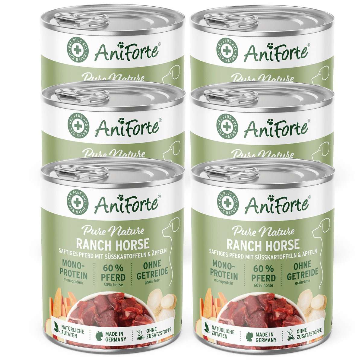 6 Dosen AniForte PureNature RanchHorse Nassfutter für Hunde - Pferd mit Süßkartoffeln und Äpfeln.